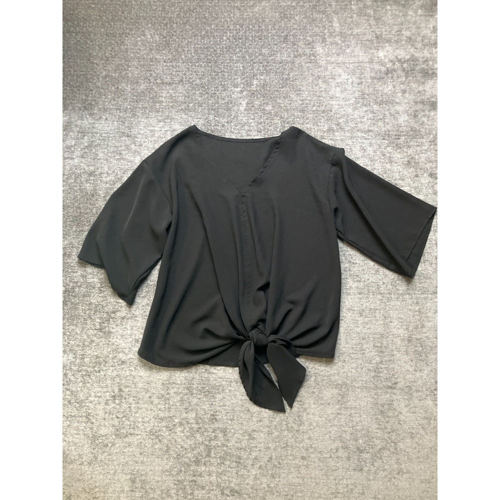 Womens Blouse Top XL Black Stretch Tie Hem Half Sleeve V Neck Casual Pullover